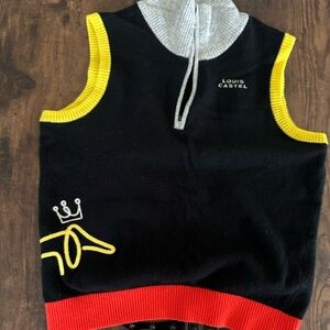 Louis Castel Black Sleeveless Knit Hoodie Vest with Yellow Trim